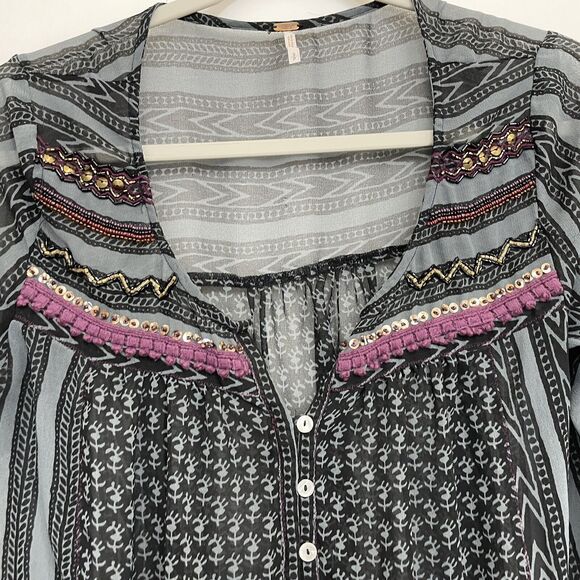 Free People Feather in the Wind Small Sheer Top Beaded Popover Pockets - Picture 2 of 8